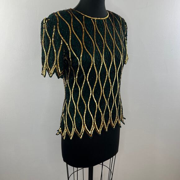 VINTAGE STENAY Green Gold Sequin Short Sleeve Crewneck Scalloped Top Size PS - Picture 4 of 8